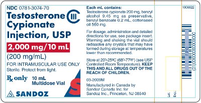 Testosterone Cypionate 200 mg/mL 10 mL Label