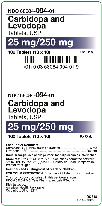 25 mg/250 mg Carbidopa and Levodopa Tablets Carton