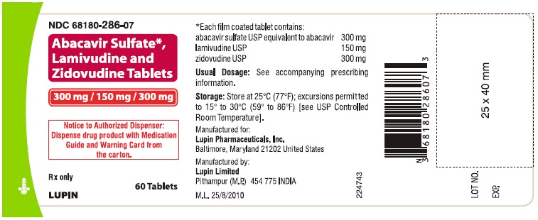 NDC 68180-286-07

ABACAVIR SULFATE, LAMIVUDINE AND ZIDOVUDINE TABLETS 
300 mg 150 mg 300 mg
TABLETS
Rx only
			Bottle Label: 60 Tablets