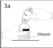 Place diluent bottle on a flat surface. Use exposed end of transfer device to spike diluent bottle through center of the stopper. ¬