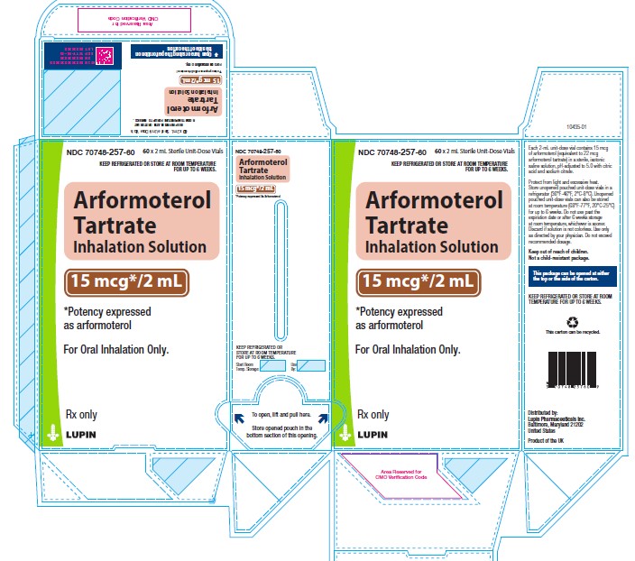 Arformoterol Tartrate Inhalation Solution, 15 mcg/2 mL
Rx only
NDC 70748-257-60: Carton of 60 unit-dose vials (15 x 4 unit-dose vial pouches)