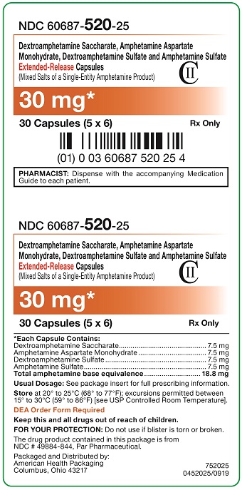 30 mg Dextroamphetamine Saccharate, Amphetamine Aspartate Monohydrate, Dextroamphetamine Sulfate and Amphetamine Sulfate Extended-Release Capsules Carton