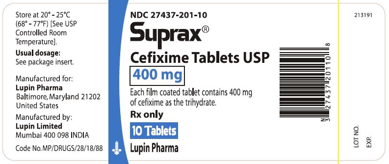 SUPRAX CEFIXIME TABLETS USP
400 mg
Rx only
							NDC 27437-201-10 - 10 Tablets Bottle Pack