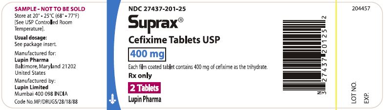 SUPRAX CEFIXIME TABLETS USP
400 mg
Rx only
							NDC 27437-201-25: Bottle of 2 tablets [Physician Sample Pack]