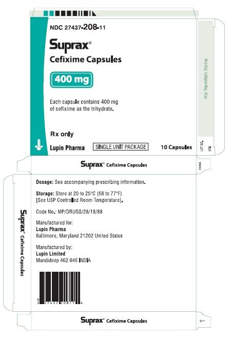 SUPRAX CEFIXIME CAPSULES
400 mg
Rx only
							NDC 27437-208-11: Unit Dose Package of 10 (1 Blister of 10 capsules)