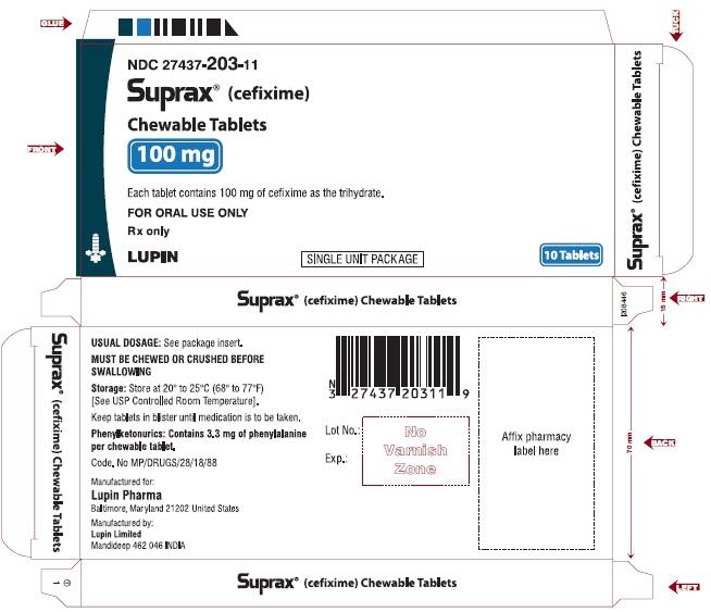 SUPRAX CEFIXIME CHEWABLE TABLETS
100 mg
Rx only
							NDC 27437-203-11: Unit Dose Package of 10 (1 blister of 10 tablets)