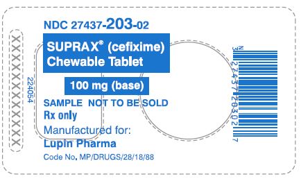 SUPRAX CEFIXIME CHEWABLE TABLETS
100 mg
Rx only
							NDC 27437-203-02: Unit Dose Package of 1 (1 Blister of 1 Tablet)