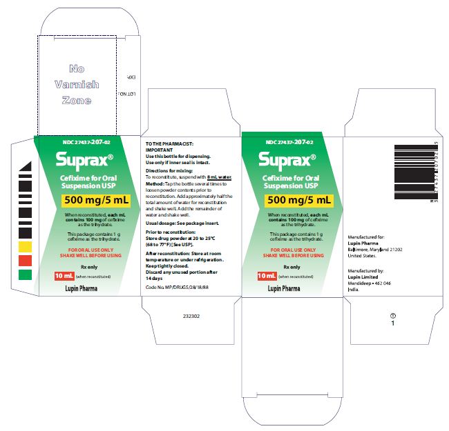 SUPRAX CEFIXIME FOR ORAL SUSPENSION USP
500 mg/5 mL
Rx only
							NDC 27437-207-02: Bottle of 10 mL