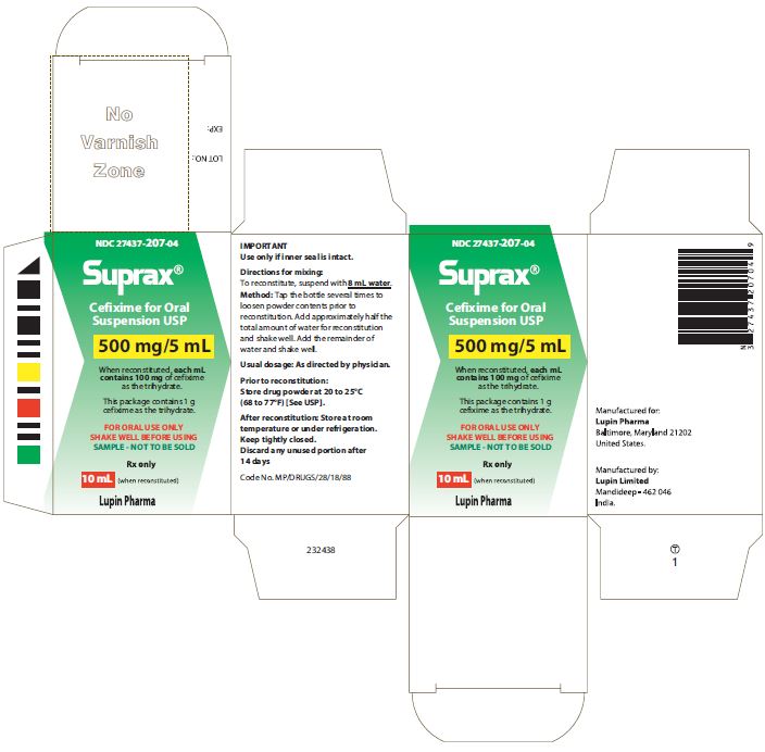 SUPRAX CEFIXIME FOR ORAL SUSPENSION USP
500 mg/5 mL
Rx only
							NDC 27437-207-04: Carton for 10 mL [Physician Sample Pack]