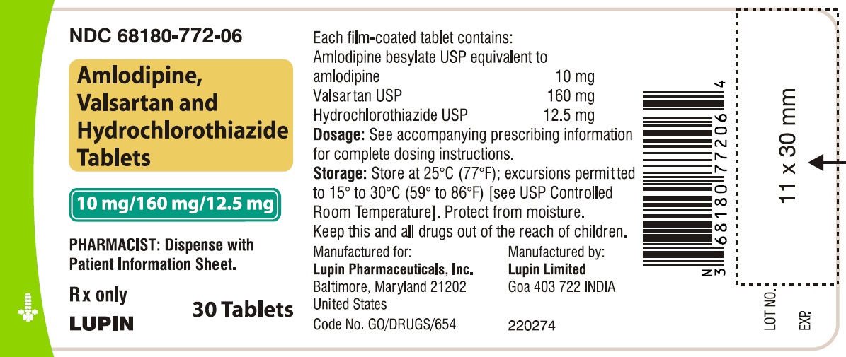 Amlodipine, Valsartan and Hydrochlorothiazide Tablets
Rx Only
10 mg/160 mg/12.5 mg
NDC 68180-772-06
							30 Tablets