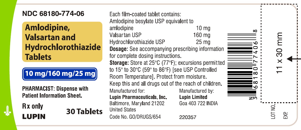 Amlodipine, Valsartan and Hydrochlorothiazide Tablets
Rx Only
10 mg/160 mg/25 mg
NDC 68180-774-06
							30 Tablets