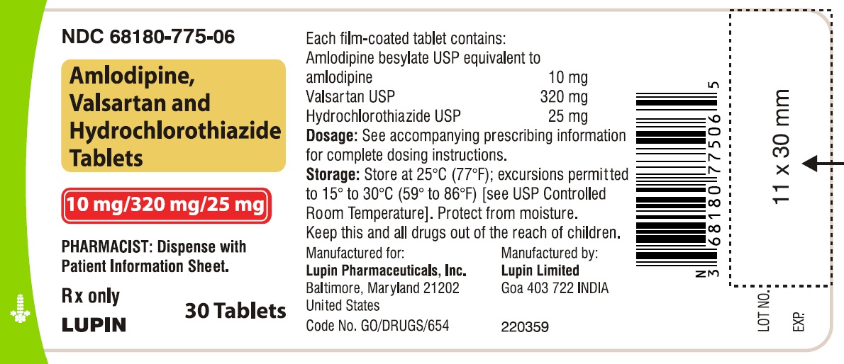 Amlodipine, Valsartan and Hydrochlorothiazide Tablets
Rx Only
10 mg/320 mg/25 mg
NDC 68180-775-06
							30 Tablets