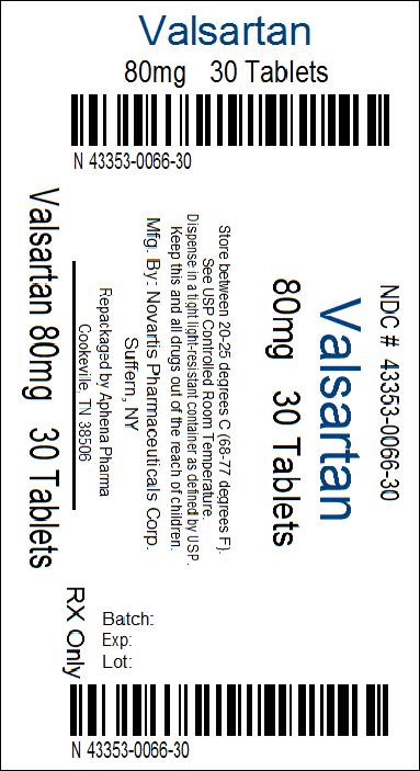 PRINCIPAL DISPLAY PANEL Package Label – 80 mg Rx Only NDC 43353-066-30 Valsartan Tablets, USP 80 mg 30 Tablets