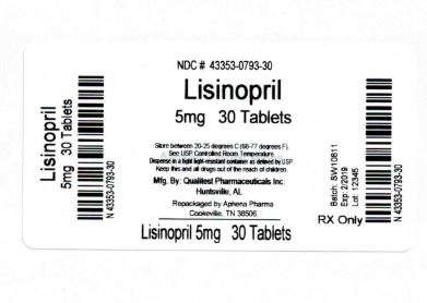 This is an image of the label for 5 mg Lisinopril Tablets, USP.