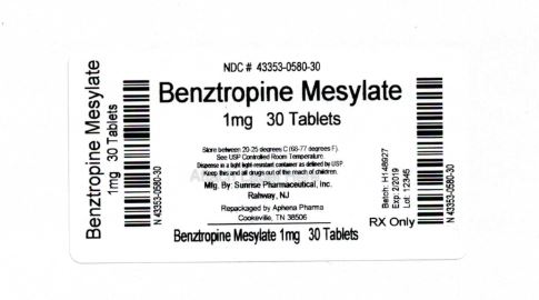 Image of the Benztropine Mesylate Tablets, USP 1 mg 30 Tablets label.