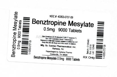 Image of the Benztropine Mesylate Tablets, USP 0.5 mg 9000 Tablets label.