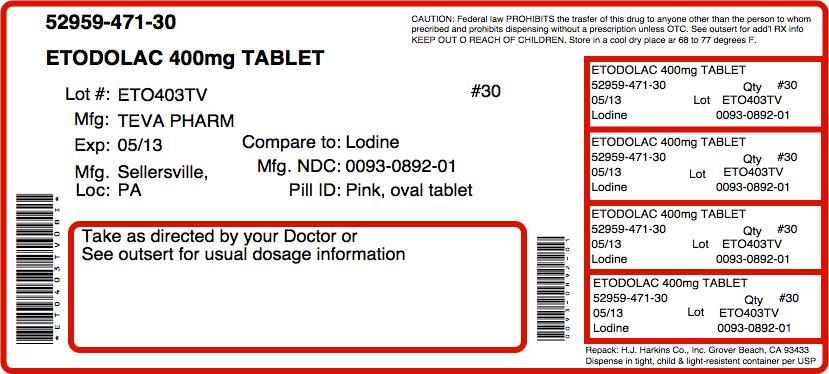 Etodolac Tablets USP 400 mg 100s Label