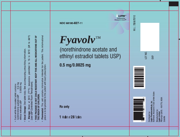 Fyavolv (norethindrone and ethinyl estradiol tablets USP) 
0.5 mg/0.0025 mg
Rx Only
NDC 68180-827-13
Pouch Label: 1 Wallet of 28 Tablets