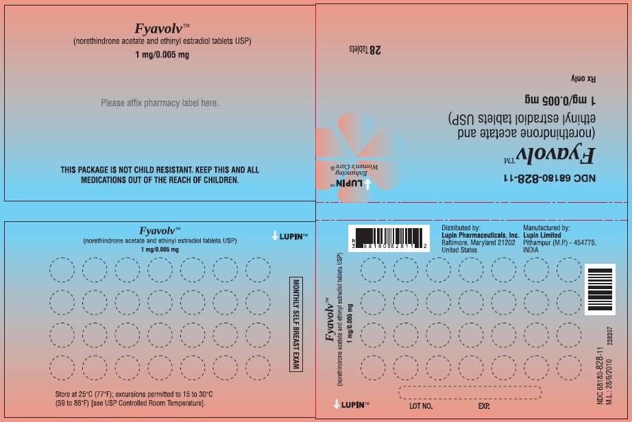 Fyavolv (norethindrone and ethinyl estradiol tablets USP) 
1 mg/0.005 mg
Rx Only
NDC 68180-828-13
Wallet Label: 28 Tablets