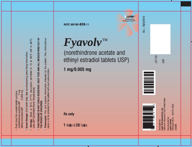 Fyavolv (norethindrone and ethinyl estradiol tablets USP) 
1 mg/0.005 mg
Rx Only
NDC 68180-828-13
Pouch Label: 1 Wallet of 28 Tablets