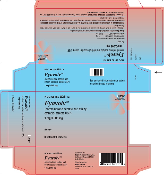 Fyavolv (norethindrone and ethinyl estradiol tablets USP) 
1 mg/0.005 mg
Rx Only
NDC 68180-828-13
Carton Label: 3 Wallets of 28 Tablets Each