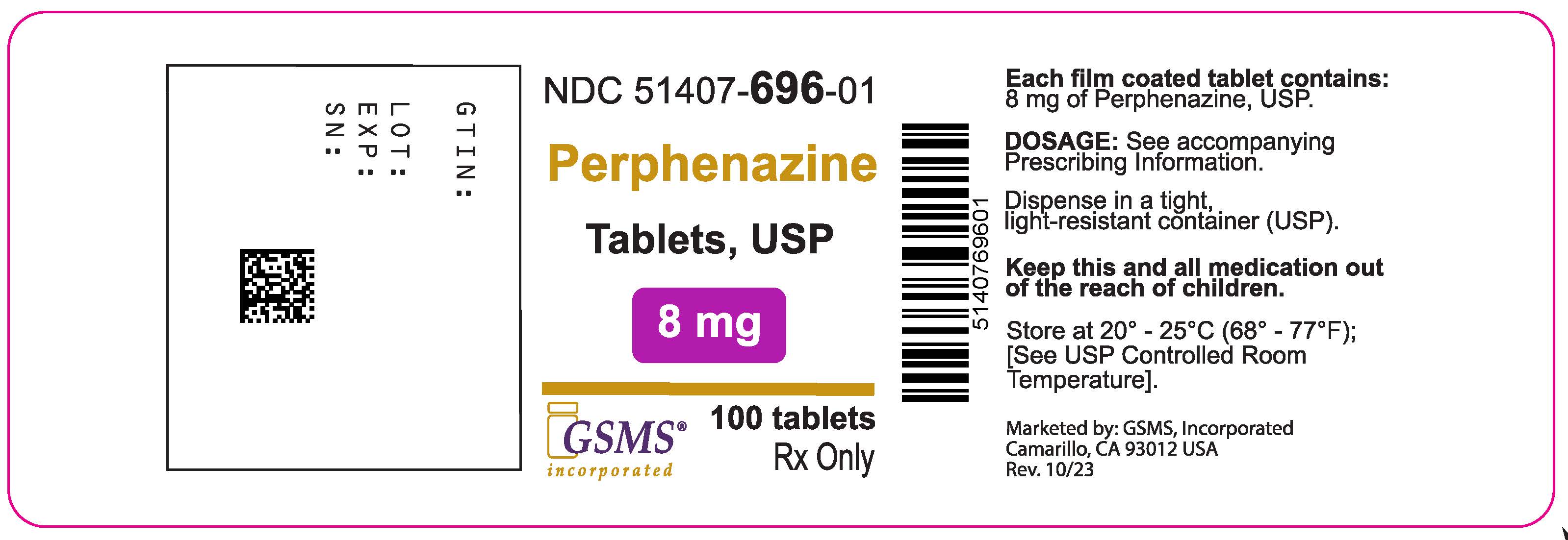 51407-696-01OL - PERPHENAZINE TABLETS 8 mg 100ct - ZYDUS - REV 10.23