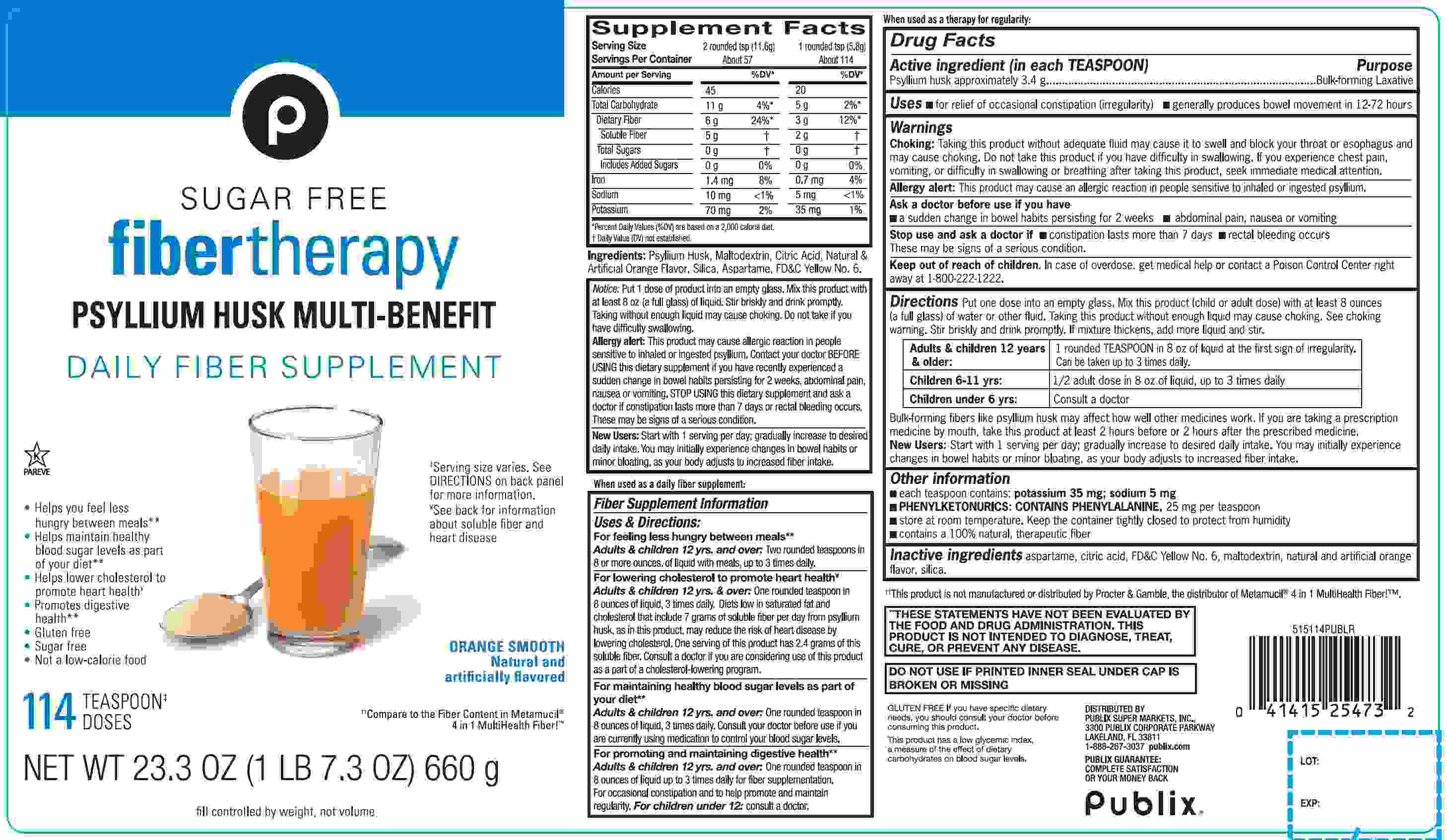 Publix Sugar Free Fiber Therapy Powder 114 teaspoons doses