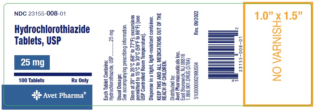 Hydrochlorothiazide Tablets, USP 25 mg 500 tabs
NDC 23155-008-05