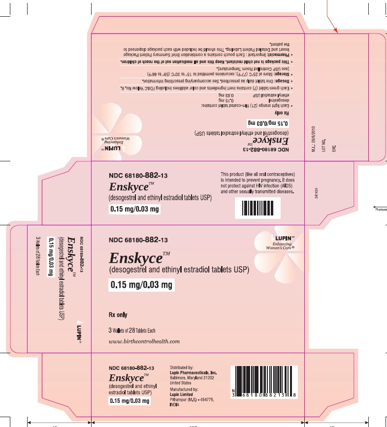 Enskyce
(desogestrel and ethinyl estradiol Tablets USP) 
0.15 mg/0.03 mg 
Rx Only
NDC 68180-882-13
																											Carton Label: 3 Wallet of 28 Tablets Each