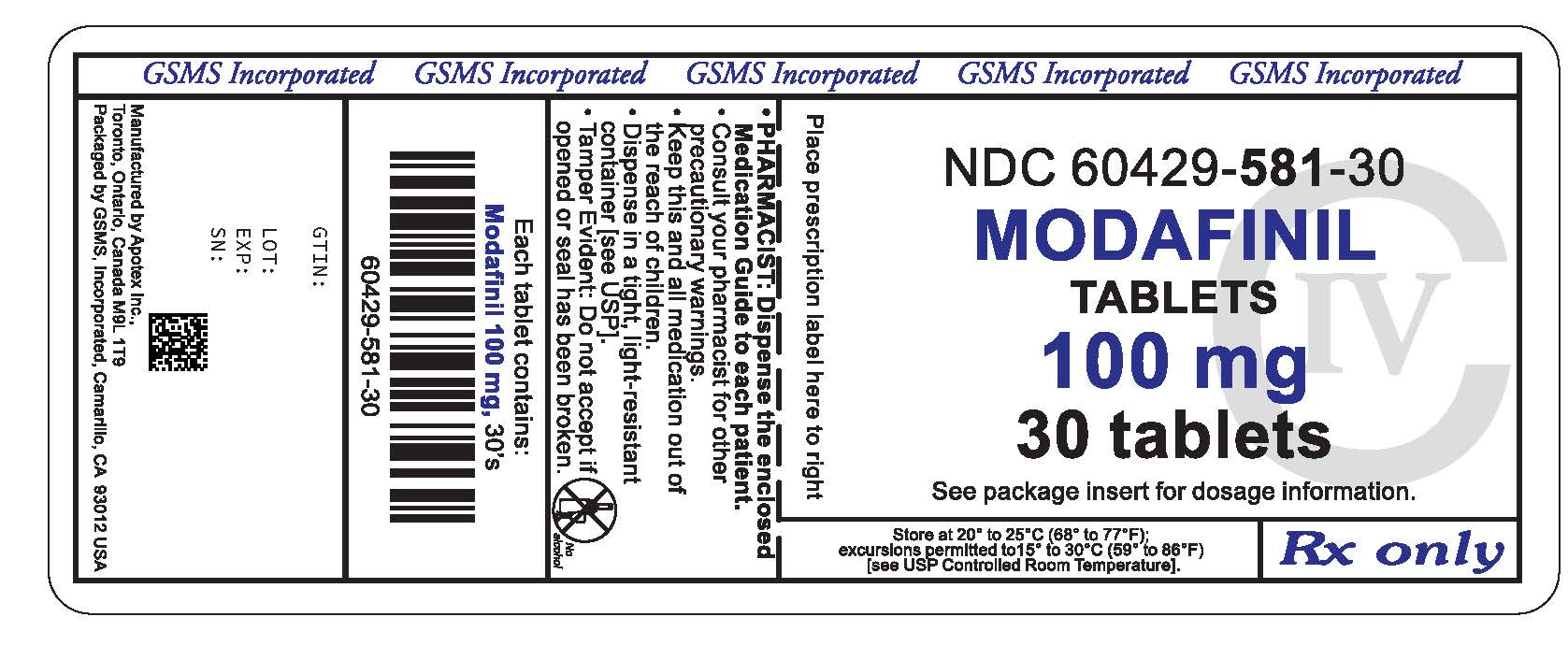 60429-581-30LB - MODAFINIL 100 MG TABLETS - CIV - REV JULY 2012 REV 5 PMG JULY 2012.jpg