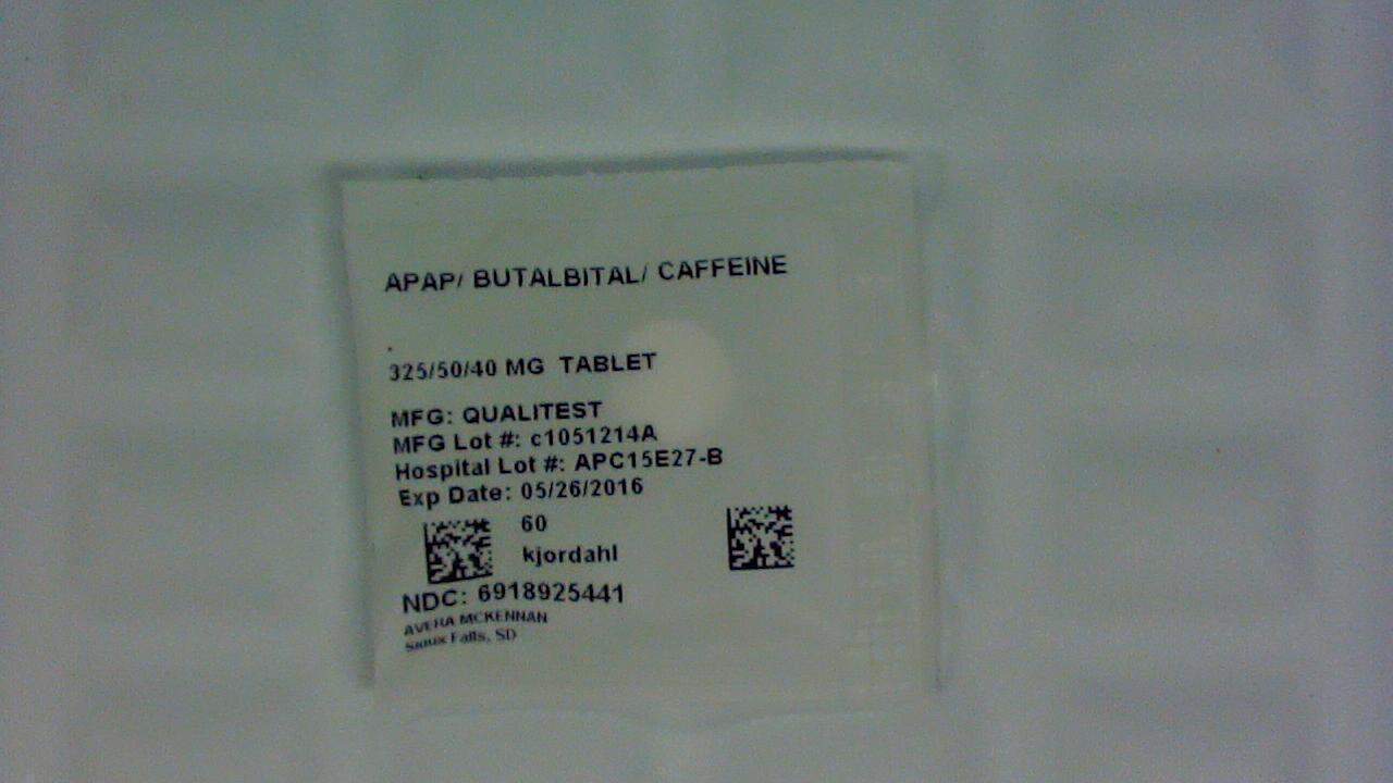 Acetaminophen/Butalbital/Caffeine 325/50/40 mg tablet label