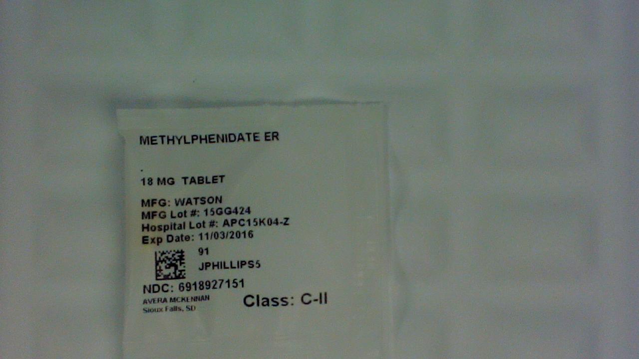 Methylphenidate ER 18 mg tablet label