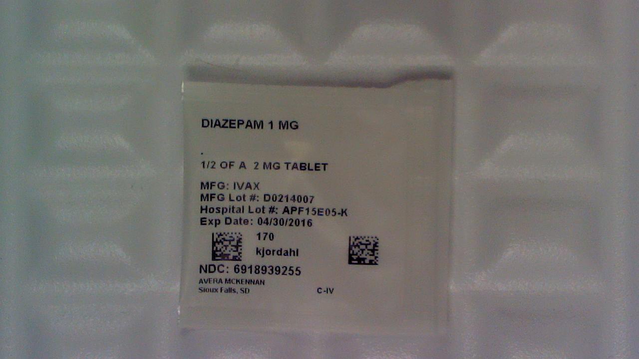 Diazepam 1 mg 1/2 tablet label