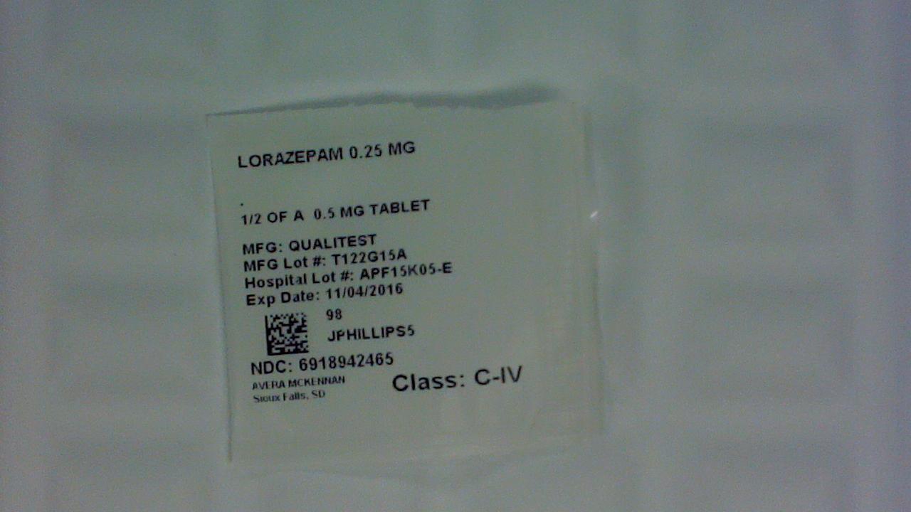 Lorazepam 0.25 mg 1/2 tablet label