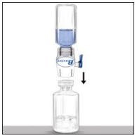 6. To connect the diluent vial to the RECOMBINATE vial, turn the diluent vial over and place it on top of the vial containing RECOMBINATE concentrate. Fully insert the white plastic spike into the RECOMBINATE vial's stopper by pushing straight down. Diluent will flow into the RECOMBINATE vial. This should be done right away to keep the liquid free of germs.