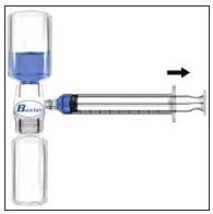 9. Turn over the connected vials so that the RECOMBINATE vial is on top. Draw the RECOMBINATE solution into the syringe by pulling back the plunger slowly. Disconnect the syringe from the vials. Attach the infusion needle to the syringe using a winged (butterfly) infusion set, if available. Point the needle up and remove any air bubbles by gently tapping the syringe with your finger and slowly and carefully pushing air out of the syringe and needle.
