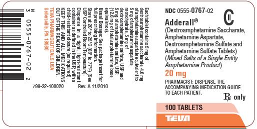 Adderall® 20 mg Tablets CII 100s Label