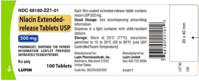 NIACIN EXTENDED-RELEASE TABLETS
500 mg
Rx Only
NDC 68180-221-01
										100 TABLETS
