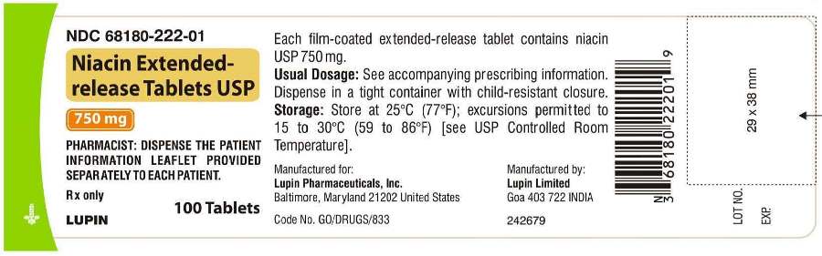 NIACIN EXTENDED-RELEASE TABLETS
750 mg
Rx Only
NDC 68180-222-01
										100 TABLETS