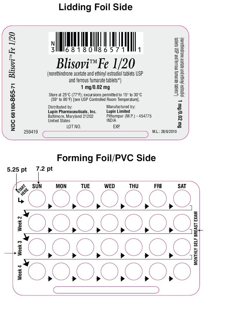 Blisovi Fe 1/20
(norethindrone acetate and ethinyl estradiol tablets USP and ferrous fumarate tablets*)
1 mg/0.02 mg
NDC: 68180-865-11
Wallet Pack: 28 Tablets