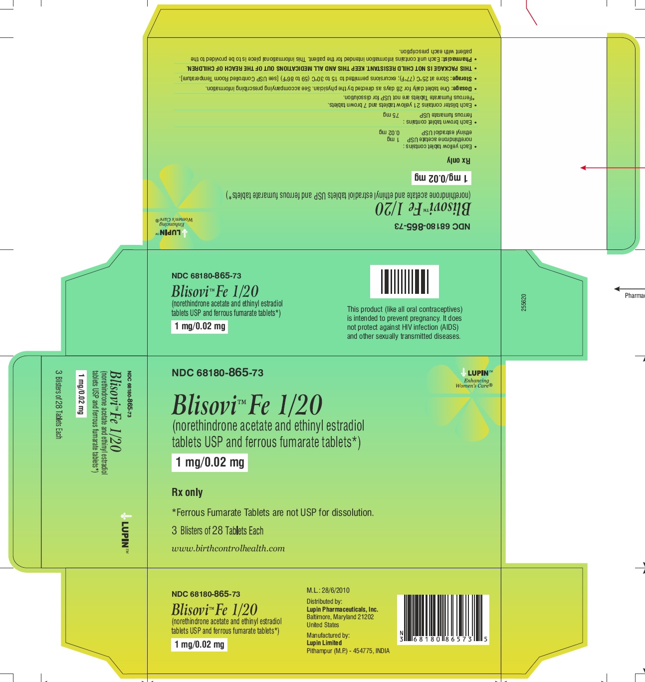 Blisovi Fe 1/20
(norethindrone acetate and ethinyl estradiol tablets USP and ferrous fumarate tablets*)
1 mg/0.02 mg
NDC: 68180-865-13
Carton: 3 Wallet of 28 Tablets Each
