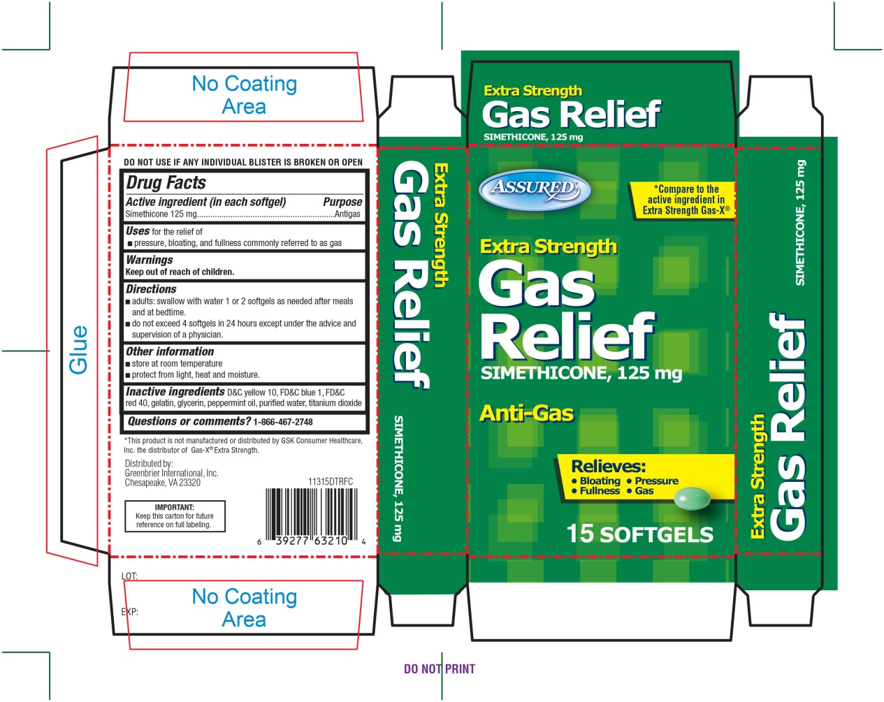  Extra Strength Gas Relief Simeticone ,125 mg  Anti-Gas 15 Softgels