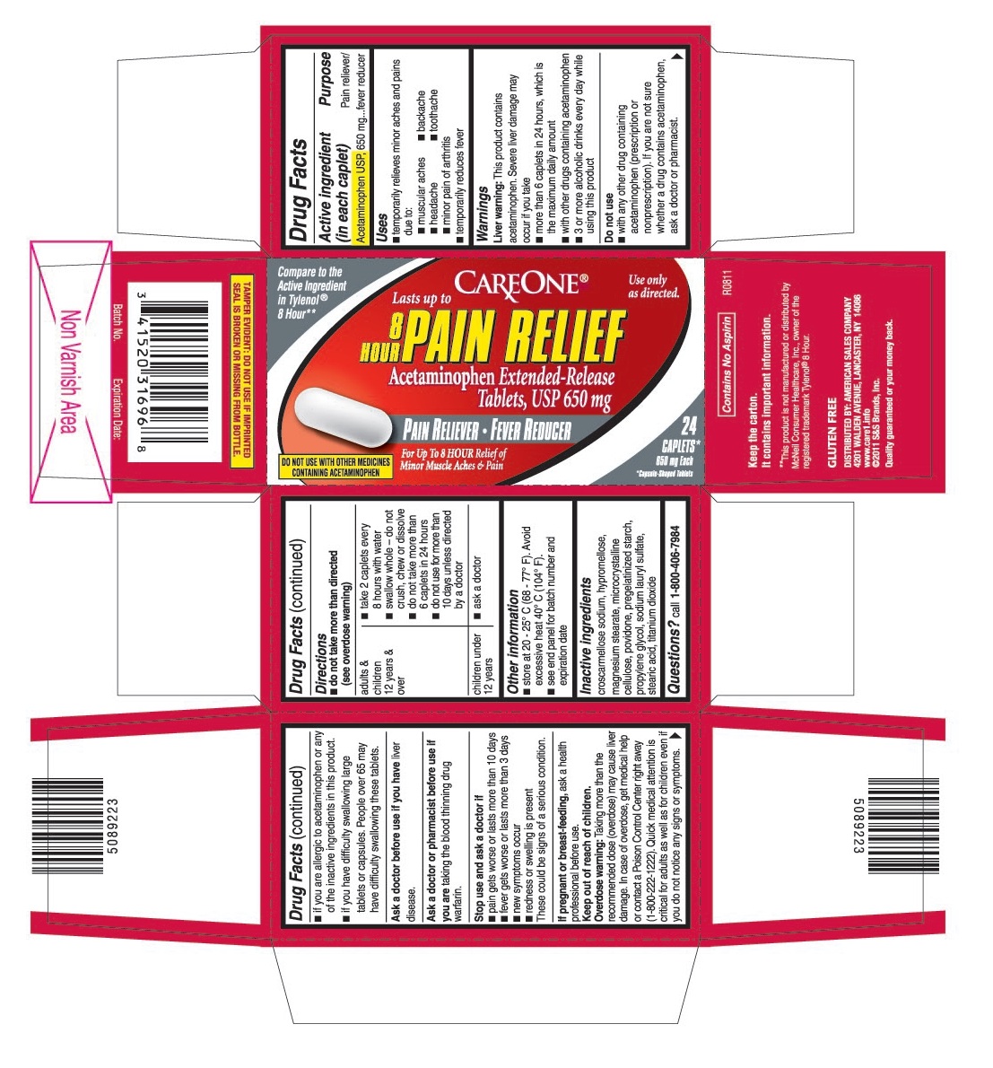 This is the 24 count blister carton label for Careone Acetaminophen extended-release tablets, USP 650 mg (8 Hour).