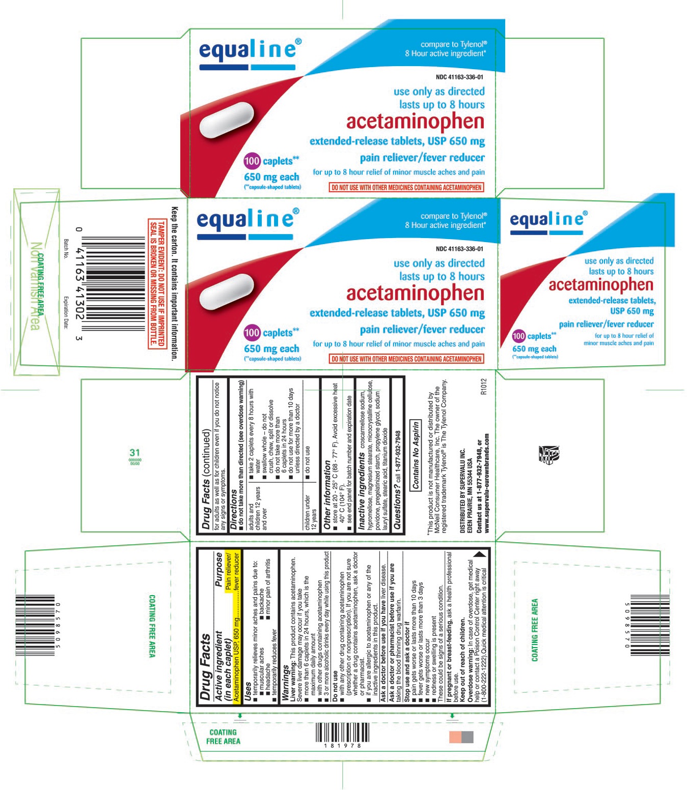 This is the 100 count bottle carton label for Equaline acetaminophen (8 hour) extended-release tablets, USP 650 mg.
