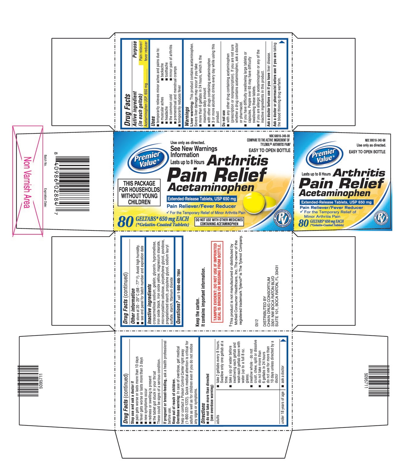 This is the bottle carton label for Premier Value 80 count Acetaminophen extended-release tablets, USP 650 mg (geltabs).