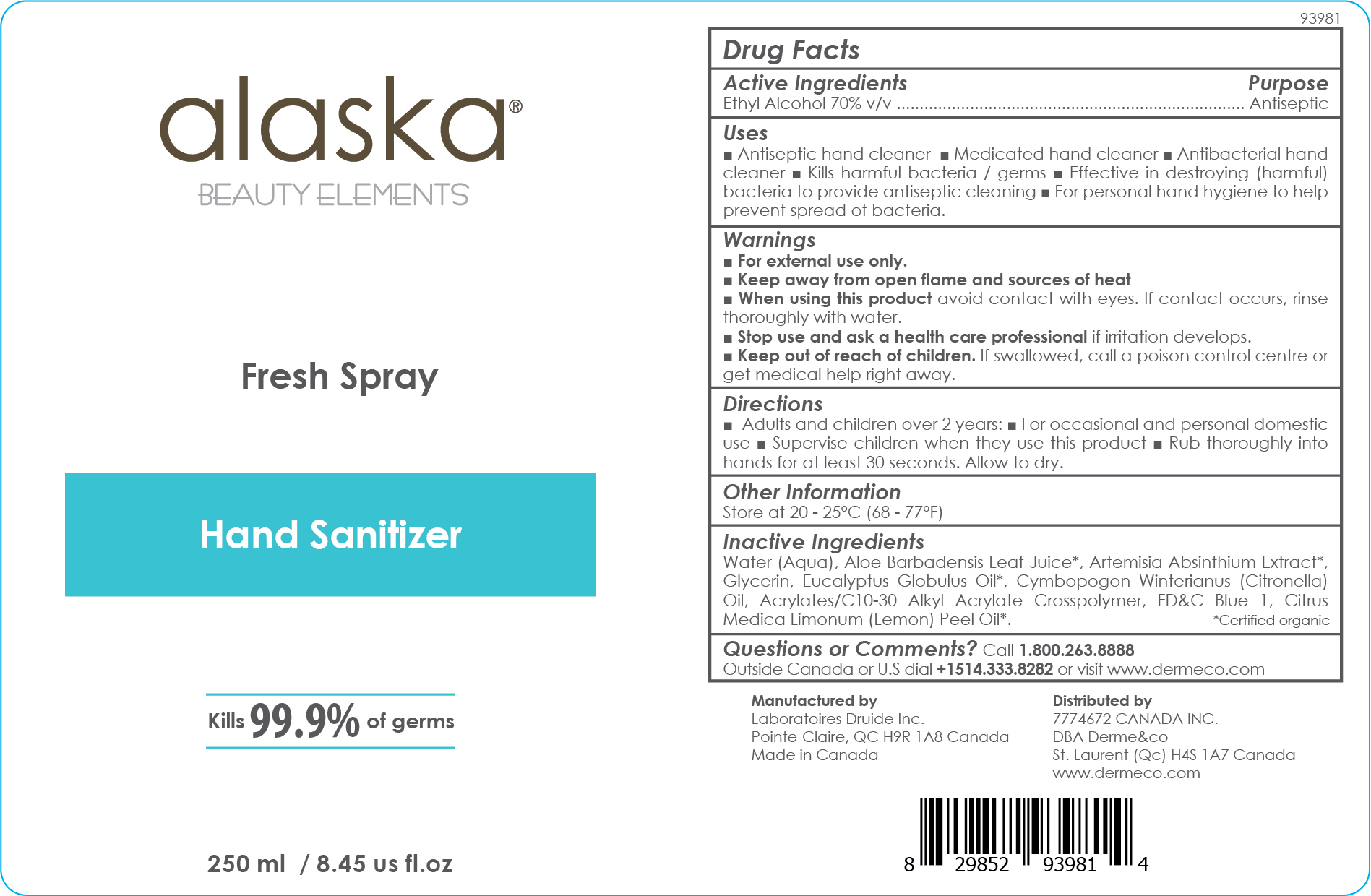 Alaska Beauty Elements Fresh Spray Hand Sanitizer 250 mL