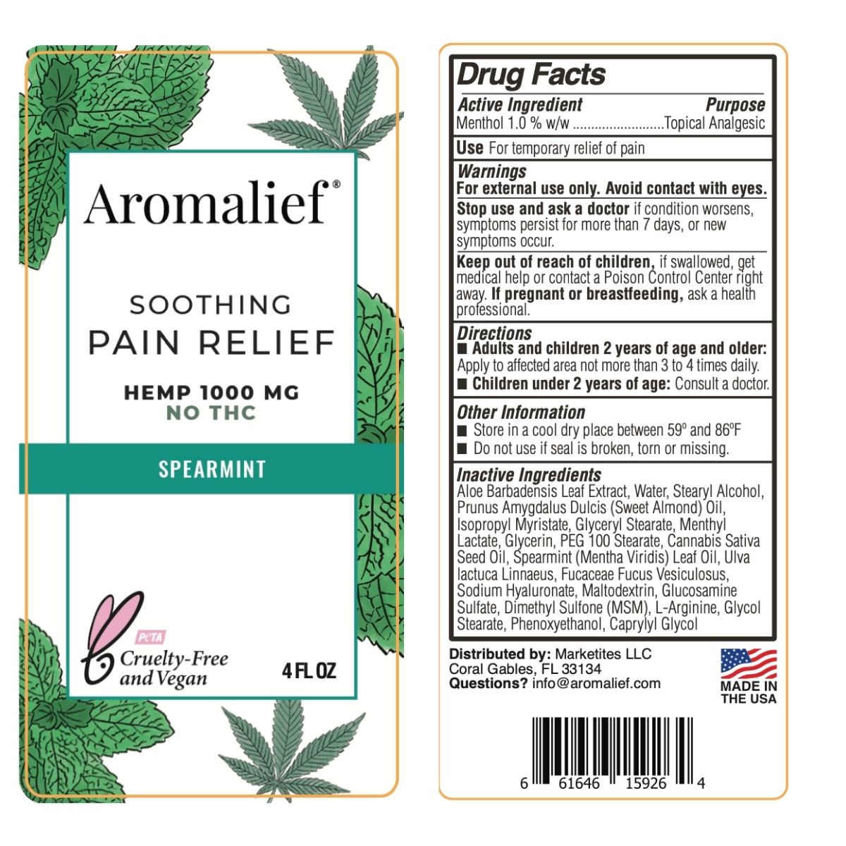 Aromalief Soothing Pain Relief Cream Spearmint 4oz