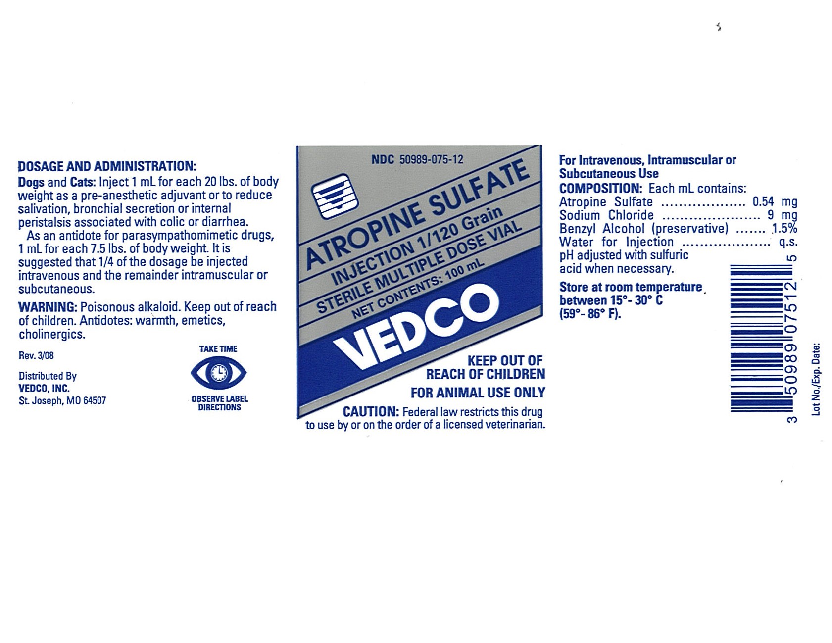 Atropine Sulfate Inj VEDCO label