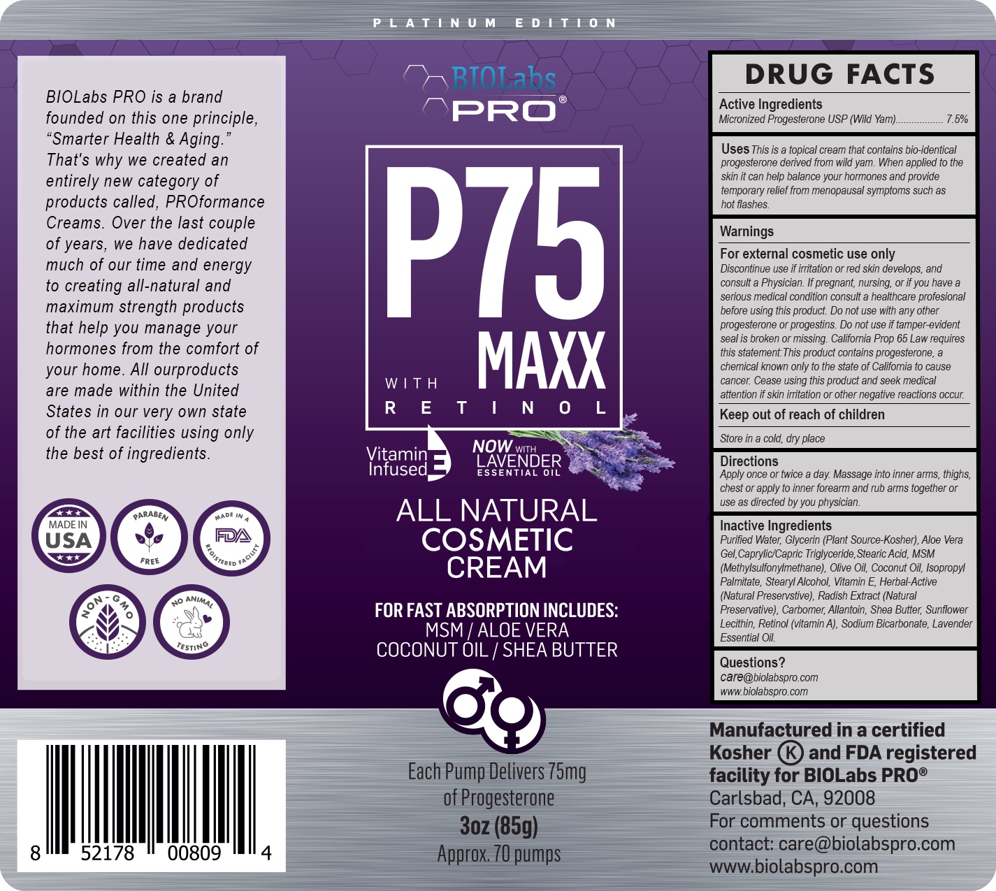P75 Lav Drug Facts Label