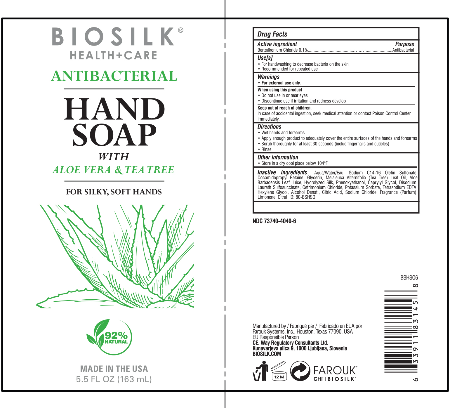 BSHS06 Biosilk Antibacterial Hand Soap Label 6oz
